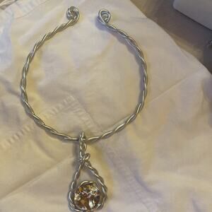 Vintage Jeff Lieb Statement Wire Choker Necklace Glass Art Pendant